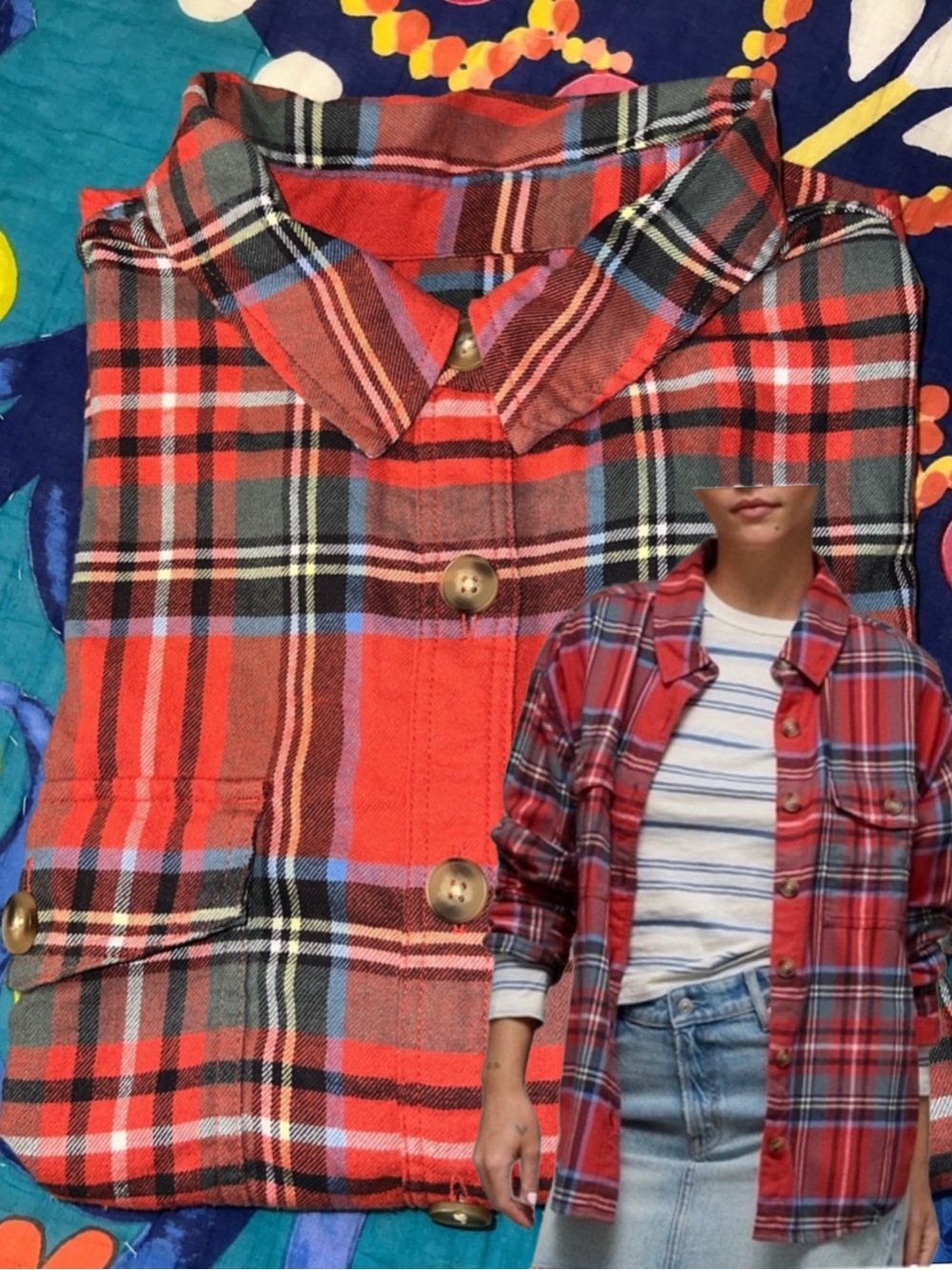 American Eagle AE Plaid Button-Up Flannel Shirt in Red Multi Plaid Size L
